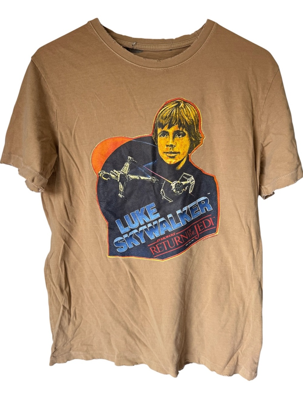 Vintage-Inspired AGED Worn 80s Luke Skywalker Star Wars Tan Unisex S T-Shirt